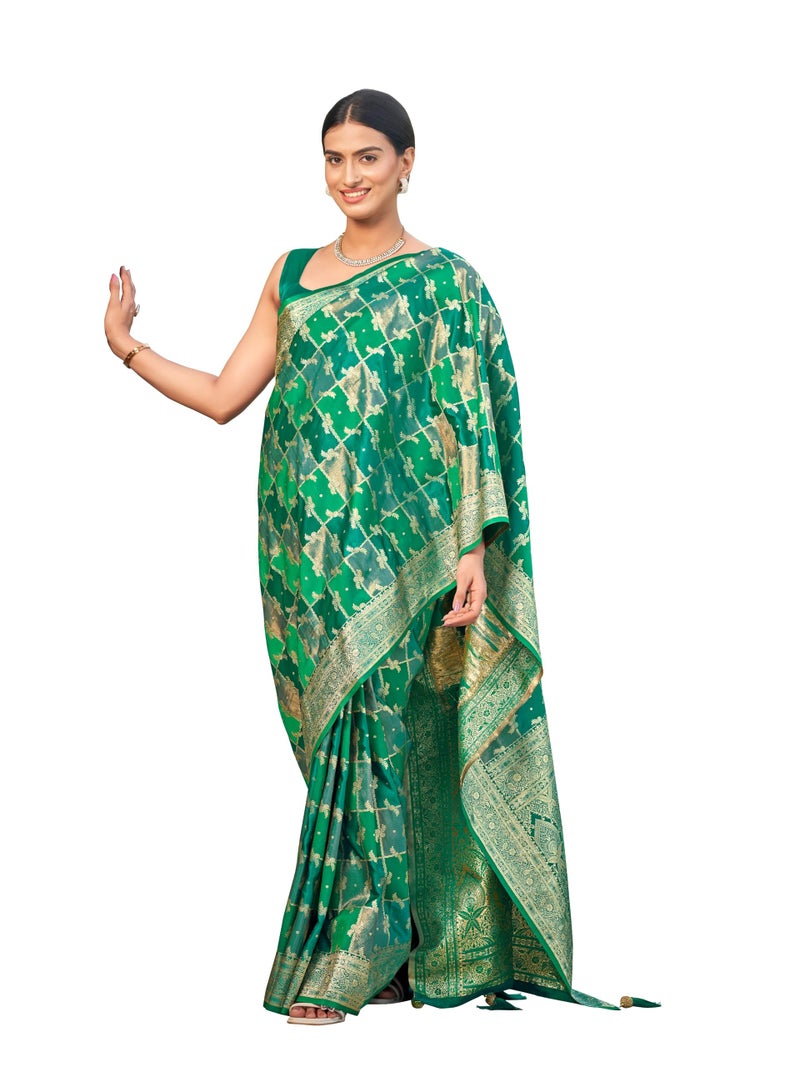 MANOHARI Women's Most Trendy Banarasi Satin Silk Woven Aqua Green Saree With Heavy Jacquard Work Saree With Blouse Piece_MN2053 - Image 1
