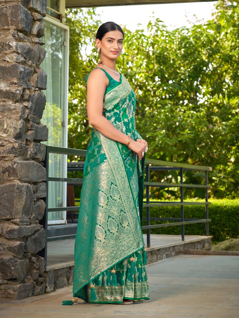MANOHARI Women's Most Trendy Banarasi Satin Silk Woven Aqua Green Saree With Heavy Jacquard Work Saree With Blouse Piece_MN2053 - Image 5