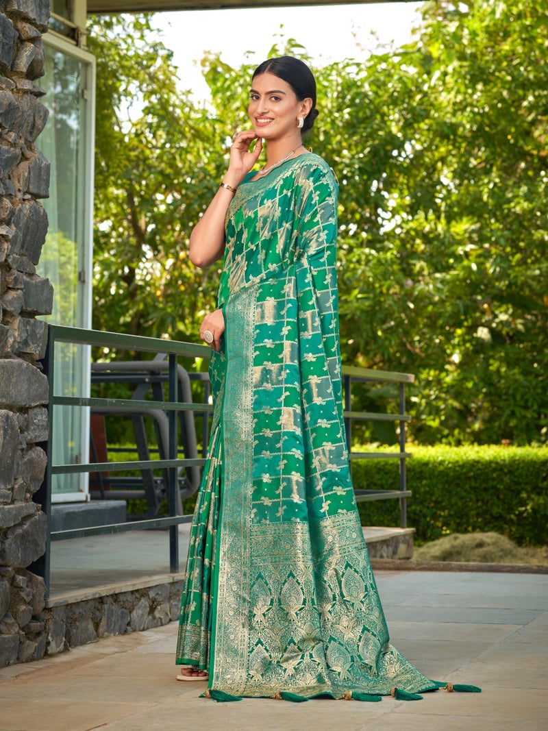 MANOHARI Women's Most Trendy Banarasi Satin Silk Woven Aqua Green Saree With Heavy Jacquard Work Saree With Blouse Piece_MN2053 - Image 3