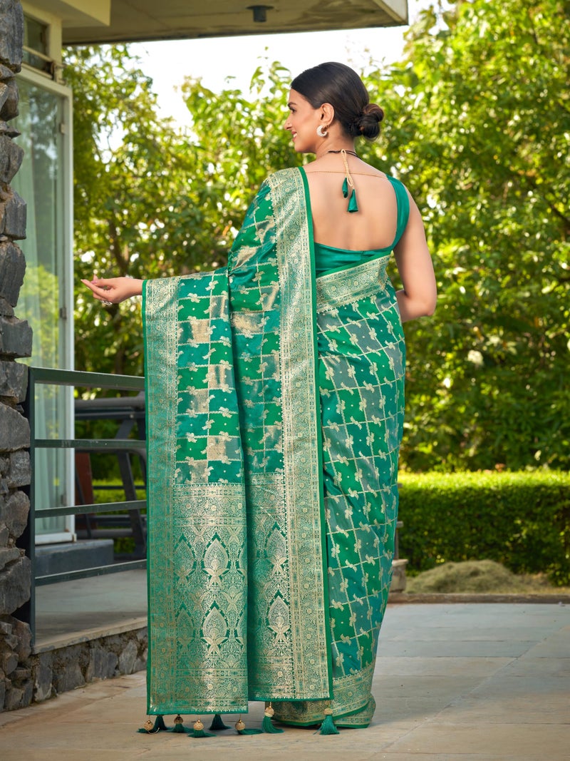MANOHARI Women's Most Trendy Banarasi Satin Silk Woven Aqua Green Saree With Heavy Jacquard Work Saree With Blouse Piece_MN2053 - Image 4