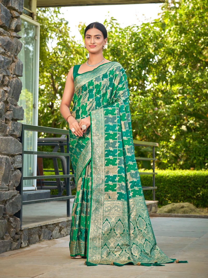 MANOHARI Women's Most Trendy Banarasi Satin Silk Woven Aqua Green Saree With Heavy Jacquard Work Saree With Blouse Piece_MN2053 - Image 2