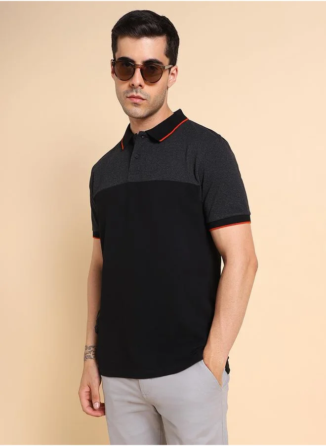 دينيس لينغو Men's Black 100% Cotton Colourblocked Regular Fit T-Shirt