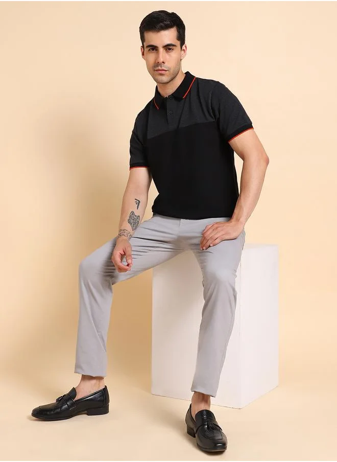 دينيس لينغو Men's Black 100% Cotton Colourblocked Regular Fit T-Shirt