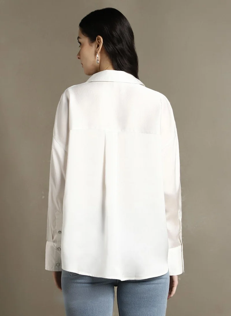 Dennis Lingo Women's White Satin Solid Button Down Relaxed Fit Shirt