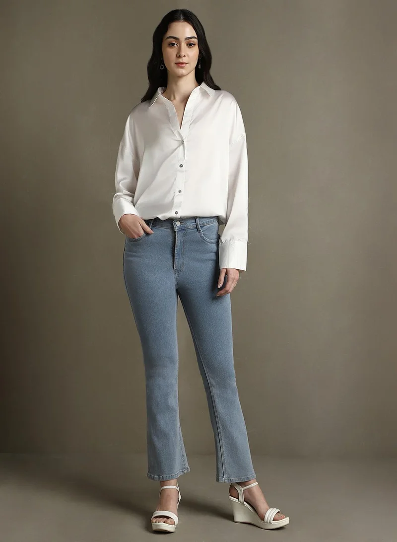 Dennis Lingo Women's White Satin Solid Button Down Relaxed Fit Shirt