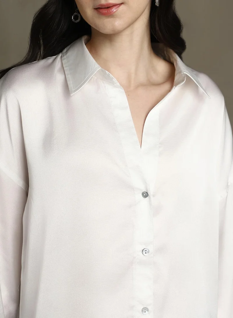 Dennis Lingo Women's White Satin Solid Button Down Relaxed Fit Shirt