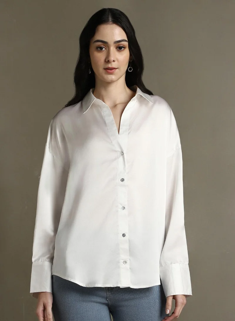 Dennis Lingo Women's White Satin Solid Button Down Relaxed Fit Shirt