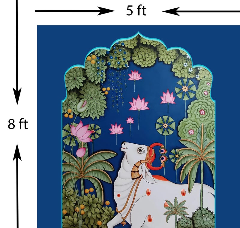 NK Textiles Cow & Lotus Pichwai Backdrop Cloth for Pooja Decoration Traditional, Background Decoration Cloth for Pooja Background, Curtain Cloth for Festival Fabric (Size-5x8 Feet) (Printed) - Image 2
