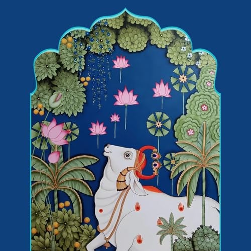 NK Textiles Cow & Lotus Pichwai Backdrop Cloth for Pooja Decoration Traditional, Background Decoration Cloth for Pooja Background, Curtain Cloth for Festival Fabric (Size-5x8 Feet) (Printed) - Image 1