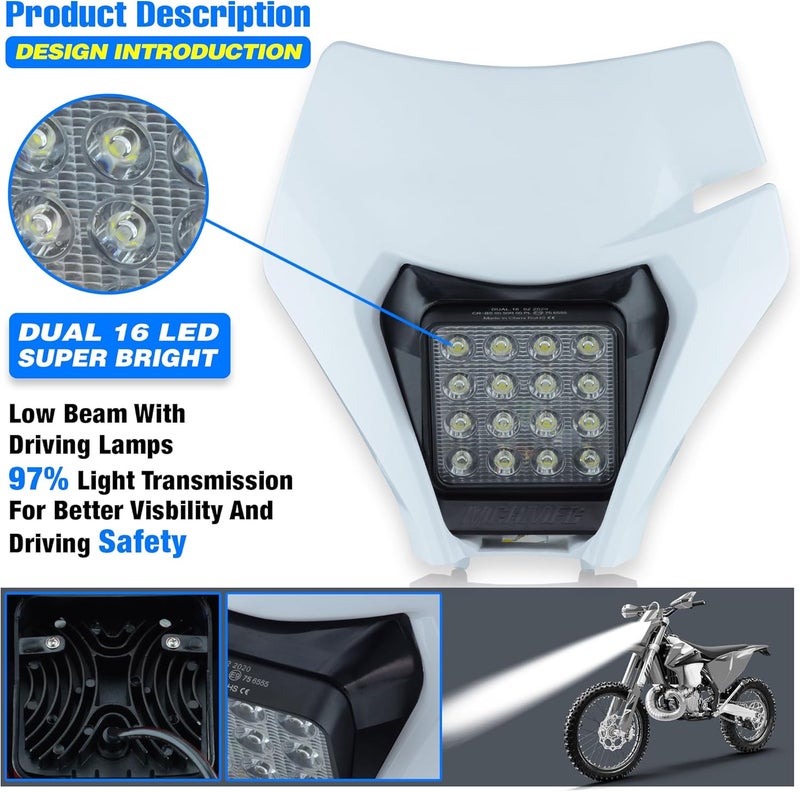 MCHMFG LED Dirt Bike Headlight Kit - Universal Fit for Most Dirt Pit Bikes - White - Image 3