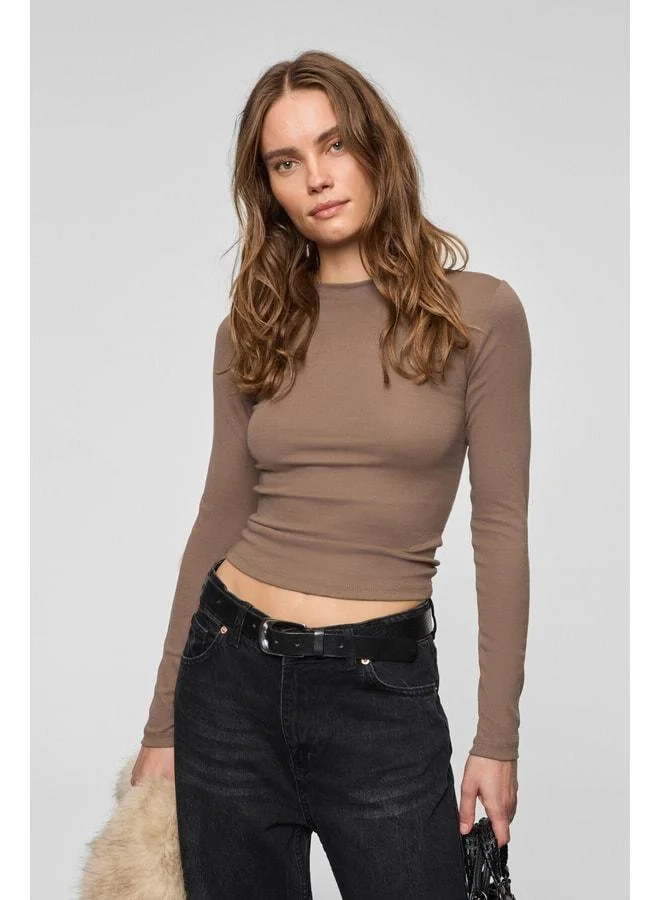 Grimelange GRIGROS Women's Flexible Fabric Body-Hugging Slim Fit Long Sleeve Beige T-Shirt.
