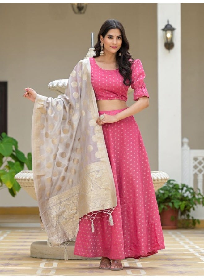AKS Pink Chanderi Lehenga Choli with Jacquard Dupatta  - Image 2