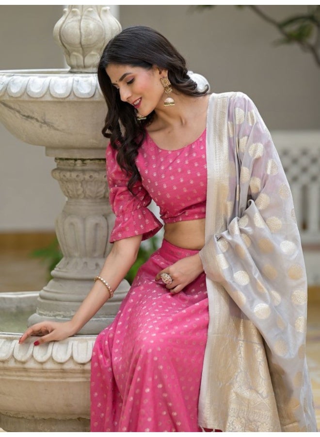 AKS Pink Chanderi Lehenga Choli with Jacquard Dupatta  - Image 1