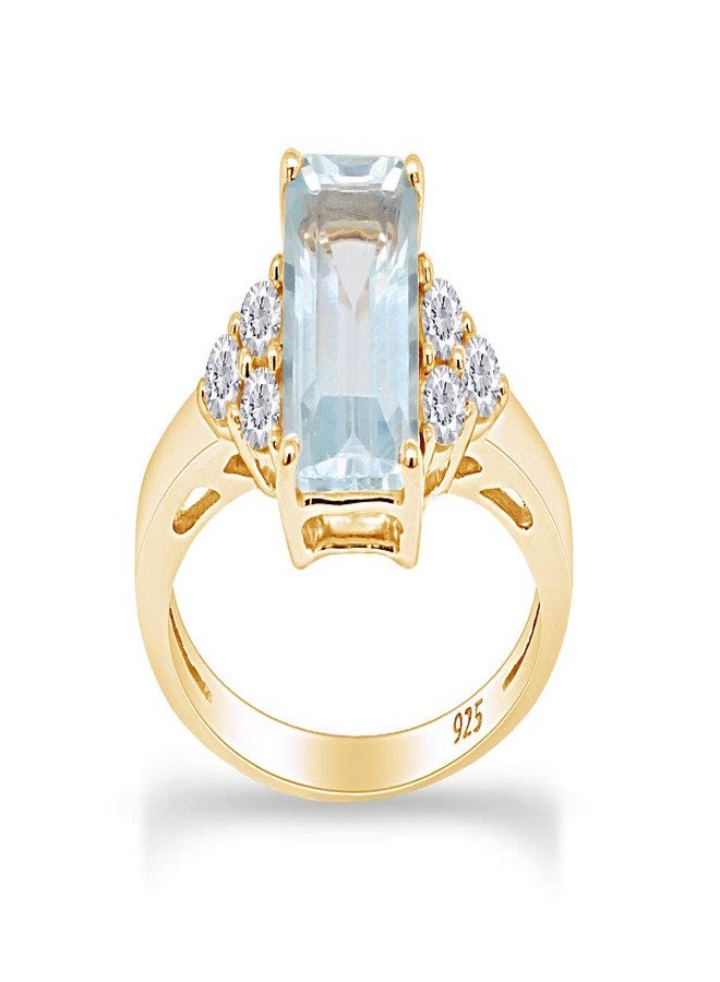 AFFY Solitaire Ring for Women 8X6MM Emerald Cut Simulated Blue Aquamarine with White Topaz Engagement Ring in 14K Yellow Gold Plated 925 Sterling Silver Jewelry Gift for Her Size-8 - Image 1