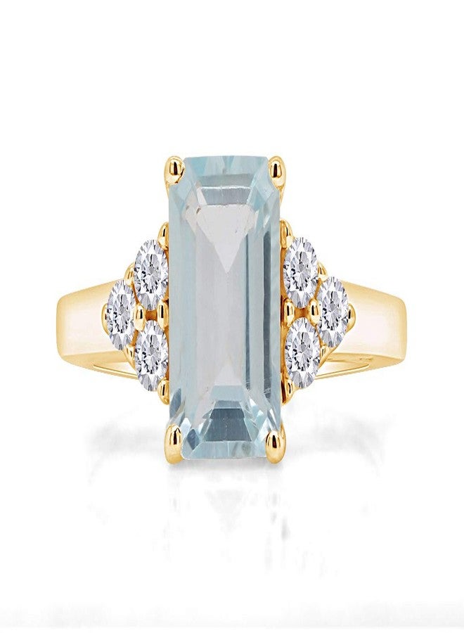 AFFY Solitaire Ring for Women 8X6MM Emerald Cut Simulated Blue Aquamarine with White Topaz Engagement Ring in 14K Yellow Gold Plated 925 Sterling Silver Jewelry Gift for Her Size-8 - Image 2