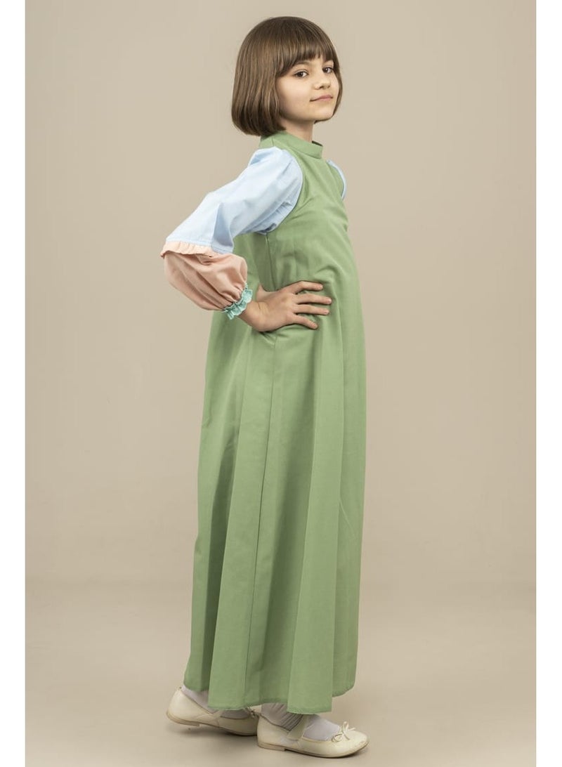 Lamora Young Girls long layers sleeves maxi Arabic Style Dress with zero neckline, for summer Green - Image 2