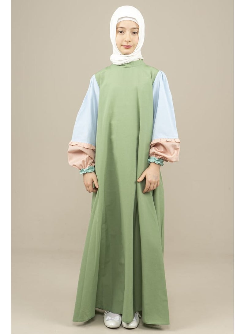 Lamora Young Girls long layers sleeves maxi Arabic Style Dress with zero neckline, for summer Green - Image 3
