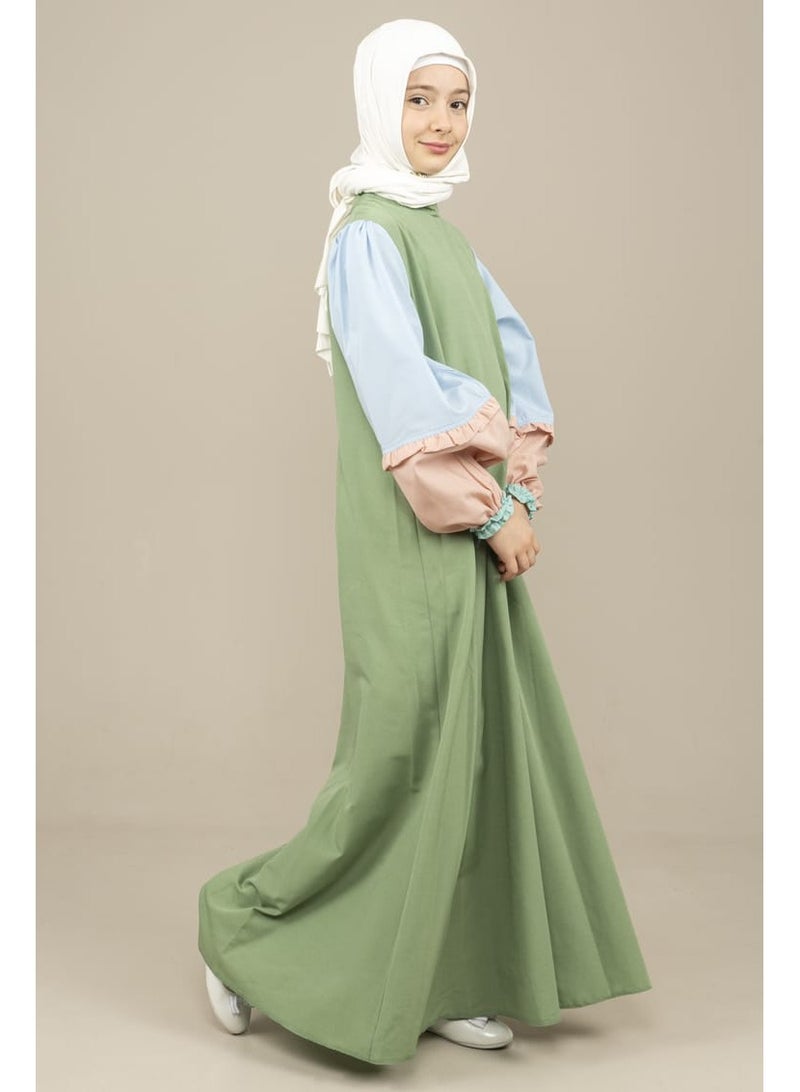 Lamora Young Girls long layers sleeves maxi Arabic Style Dress with zero neckline, for summer Green - Image 4