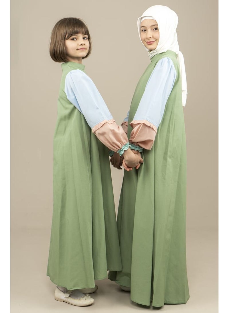 Lamora Young Girls long layers sleeves maxi Arabic Style Dress with zero neckline, for summer Green - Image 5