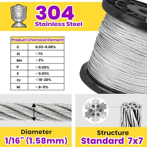 Fuceter 116 Wire Rope 800FT Stainless Steel Cable with 250Pcs Crimping Sleeves 304 Aircraft Cable 7x7 Strand Core 368 lbs Breaking Strength Perfect for OutdoorYardGarden or Crafts - Image 3