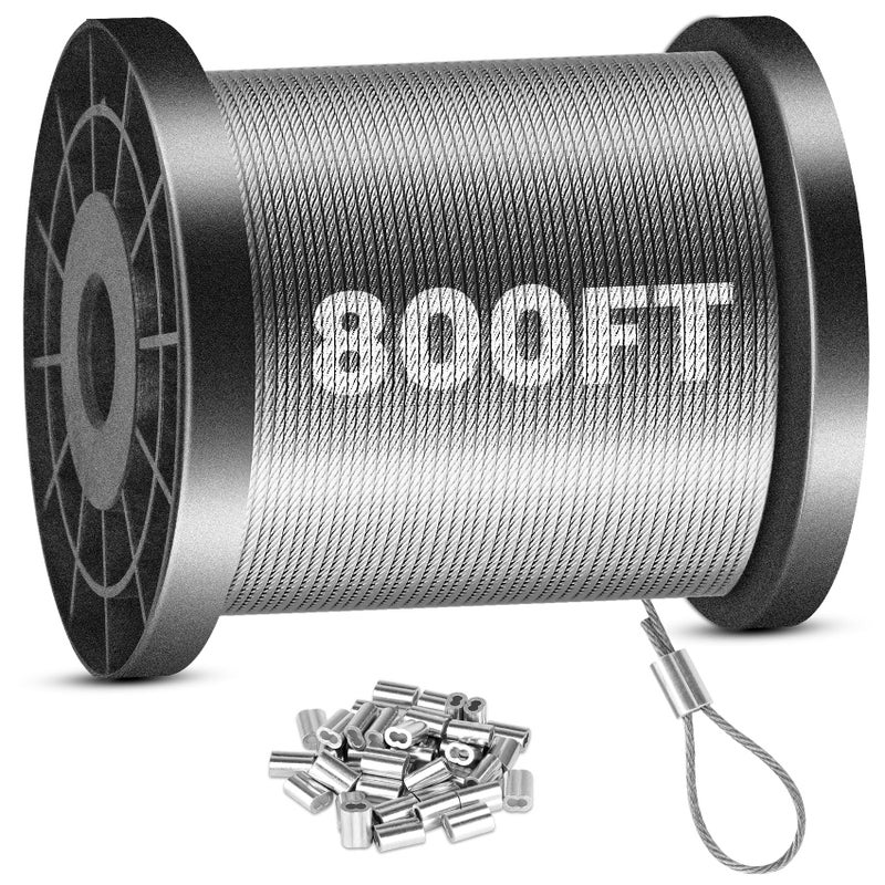 Fuceter 116 Wire Rope 800FT Stainless Steel Cable with 250Pcs Crimping Sleeves 304 Aircraft Cable 7x7 Strand Core 368 lbs Breaking Strength Perfect for OutdoorYardGarden or Crafts - Image 2