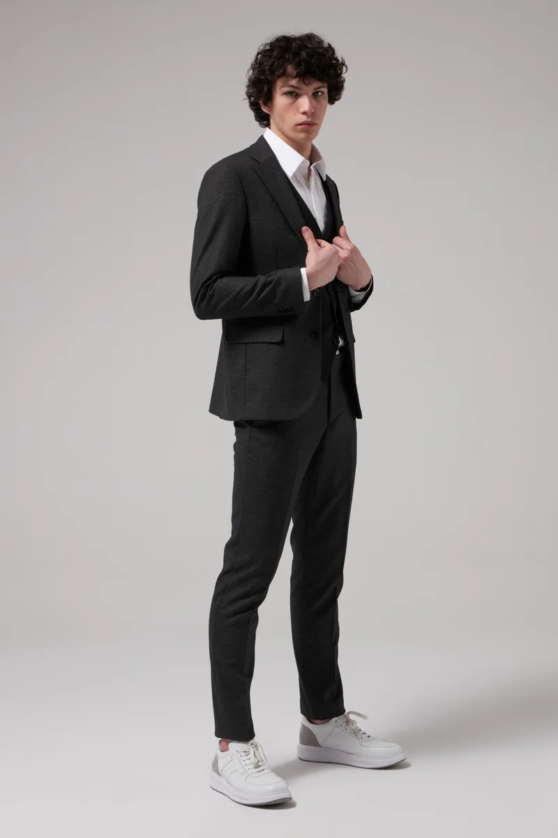 D'S DAMAT Slim Fit Anthracite Dobby Mono Collar Single Slit Lined Suit Combined 8HFY5ORTKMBN1