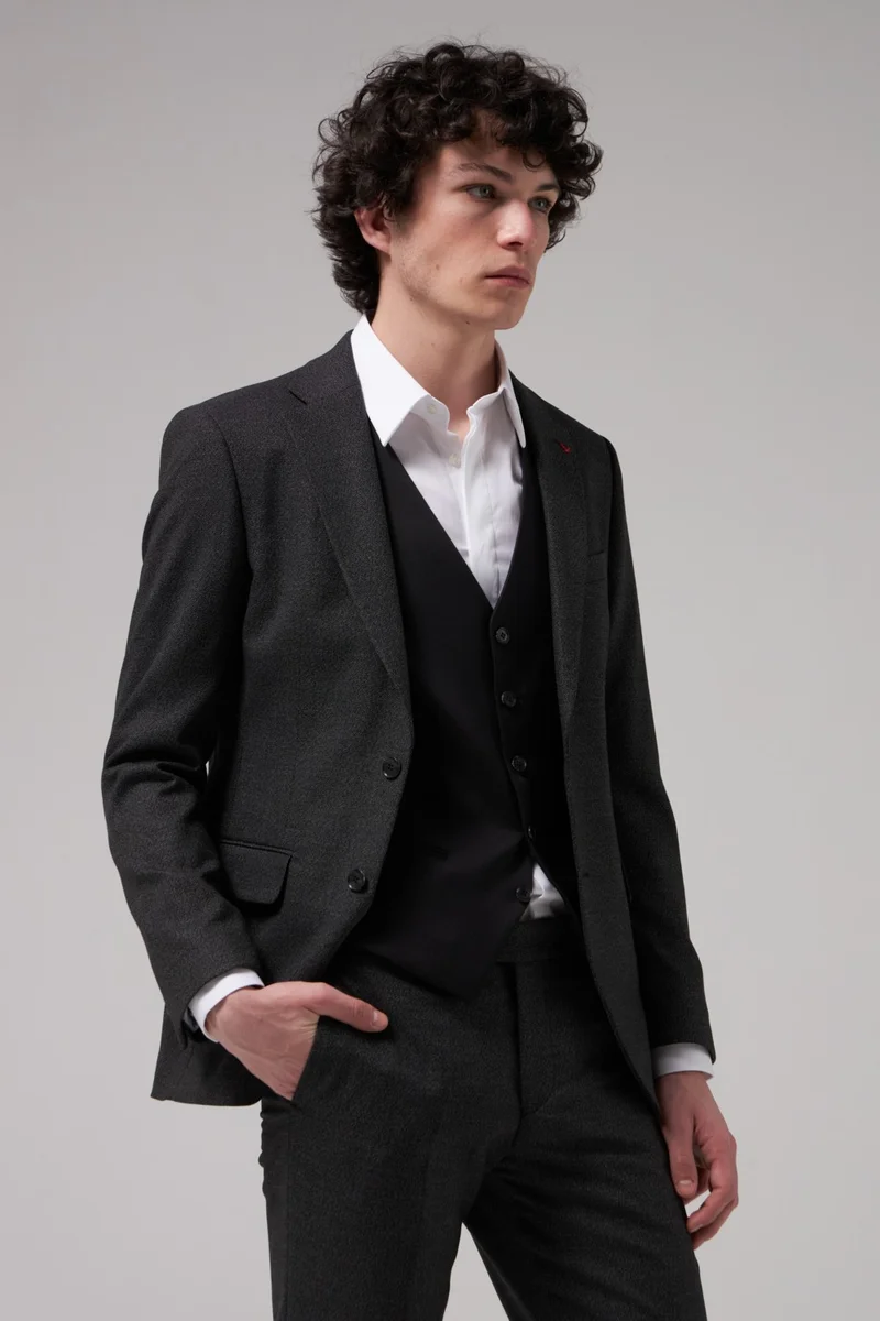 D'S DAMAT Slim Fit Anthracite Dobby Mono Collar Single Slit Lined Suit Combined 8HFY5ORTKMBN1