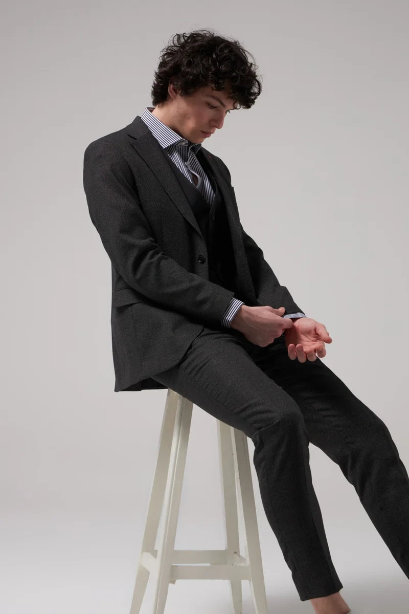 D'S DAMAT Slim Fit Anthracite Dobby Mono Collar Single Slit Lined Suit Combined 8HFY5ORTKMBN1
