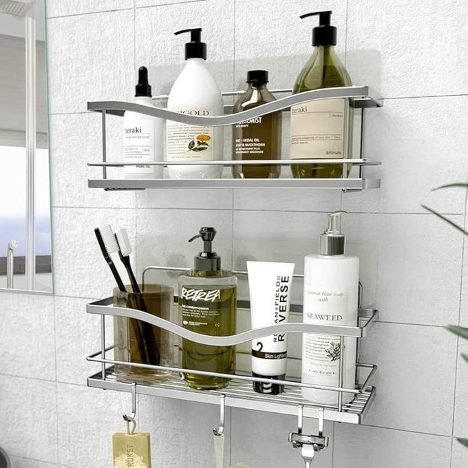 PREMIUM SHOWER CADDY SELF ADHESIVE WALL ORGANIZER 2PACK NO DRILL BATHROOM SHELVES RUSTPROOF STAINLESS STEEL SHAMPOO HOLDER SHOWER STORAGE RACK SILVER