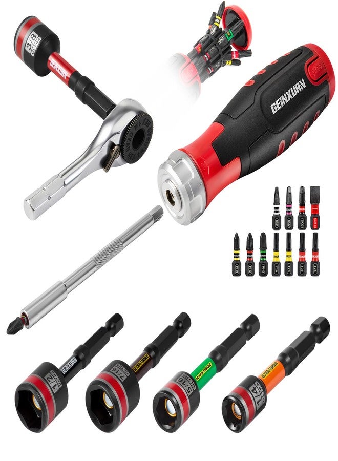 Geinxurn 19 Pieces Ratcheting Screwdriver Set, Mini Rachet Wrench, Rachet Screwdriver Handle and Nut Driver with 12 Pcs Impact Screwdriver Bits, Portable Hand Tools Set for Repair DIY - Image 1
