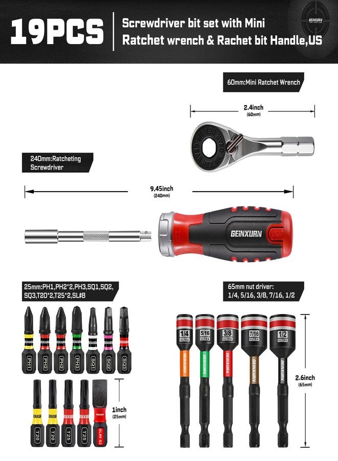 Geinxurn 19 Pieces Ratcheting Screwdriver Set, Mini Rachet Wrench, Rachet Screwdriver Handle and Nut Driver with 12 Pcs Impact Screwdriver Bits, Portable Hand Tools Set for Repair DIY - Image 2