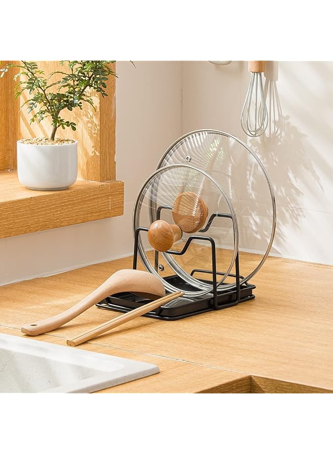Excefore Pan Lids Holder Cutting Board Rack Chopping Board Organizer Stand Spoon Rest W Drip Tray Kitchen Countertop Black - Image 1