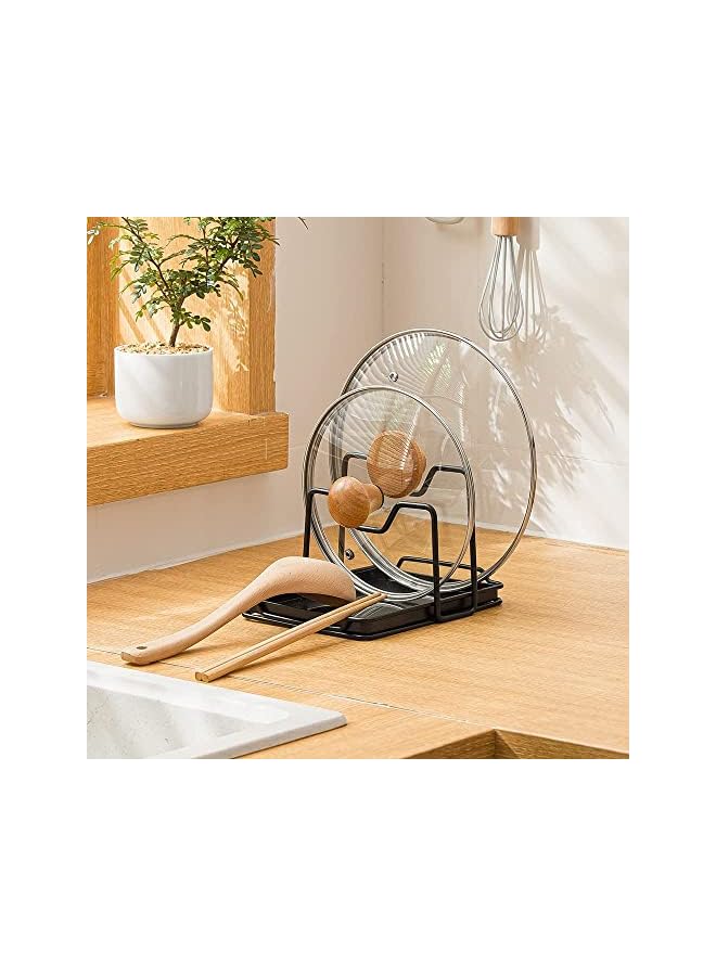 Excefore Pan Lids Holder Cutting Board Rack Chopping Board Organizer Stand Spoon Rest W Drip Tray Kitchen Countertop Black - Image 2