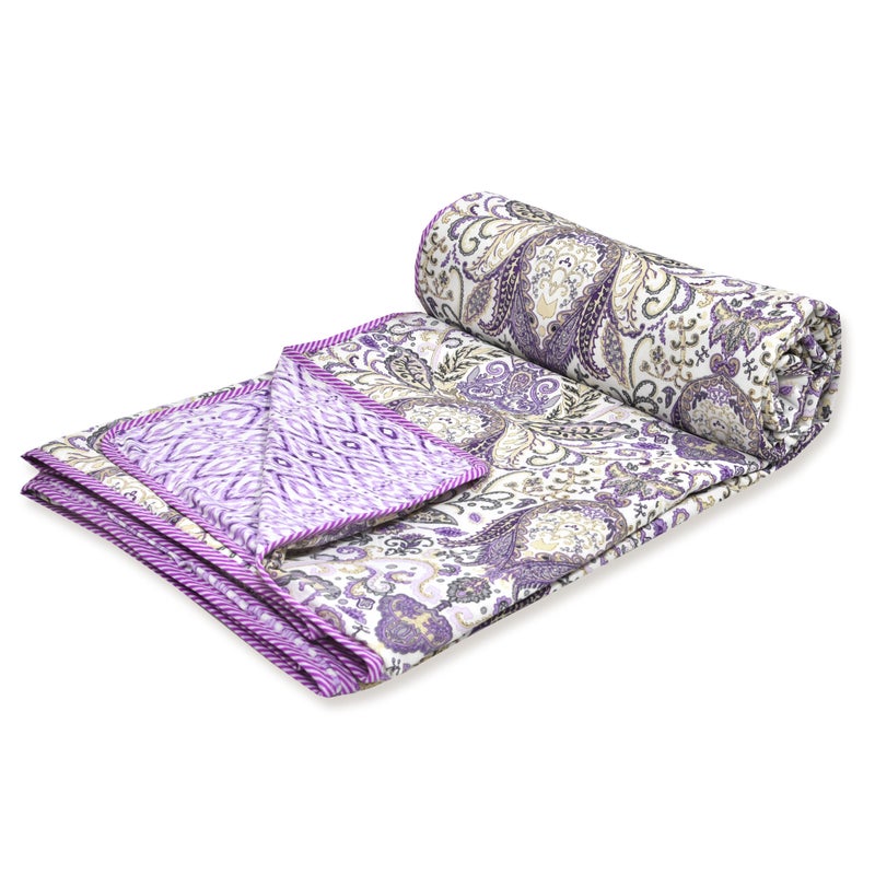 Tzafrir Cotton Dohar Double Bed King Size, 100% Cotton, Reversible, Comforter Reversible, Duvet, Chadar 84" x96 Floral, Purple - Image 2