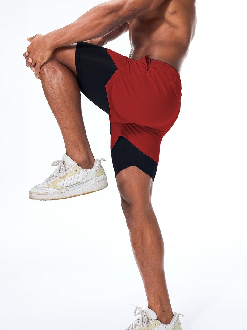 Surenow Mens Running Shorts，Workout Running Shorts for Men，2-in-1 Stealth Shorts， 7-Inch Gym Yoga Outdoor Sports Shorts Red - Image 3