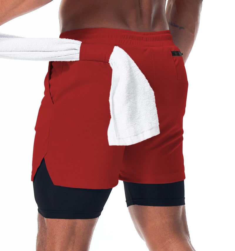 Surenow Mens Running Shorts，Workout Running Shorts for Men，2-in-1 Stealth Shorts， 7-Inch Gym Yoga Outdoor Sports Shorts Red - Image 2