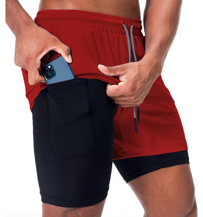 Surenow Mens Running Shorts，Workout Running Shorts for Men，2-in-1 Stealth Shorts， 7-Inch Gym Yoga Outdoor Sports Shorts Red - Image 1