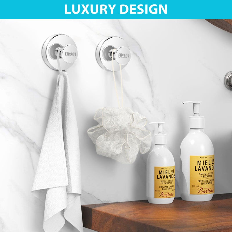 Fliverly 2pcs Suction Cup Hooks for Shower,Inside Shower,Wall,Bathroom,Bedroom,Kitchen,Door,Glass Window, Mirror, Tile, No Drilling Hanging for Towels,Robes,Loofah,hat,Clothing,Wreath (Chrome) - Image 3