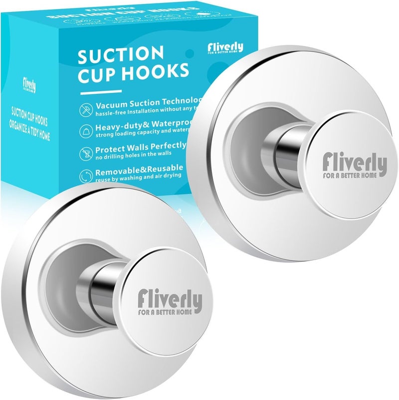 Fliverly 2pcs Suction Cup Hooks for Shower,Inside Shower,Wall,Bathroom,Bedroom,Kitchen,Door,Glass Window, Mirror, Tile, No Drilling Hanging for Towels,Robes,Loofah,hat,Clothing,Wreath (Chrome) - Image 1