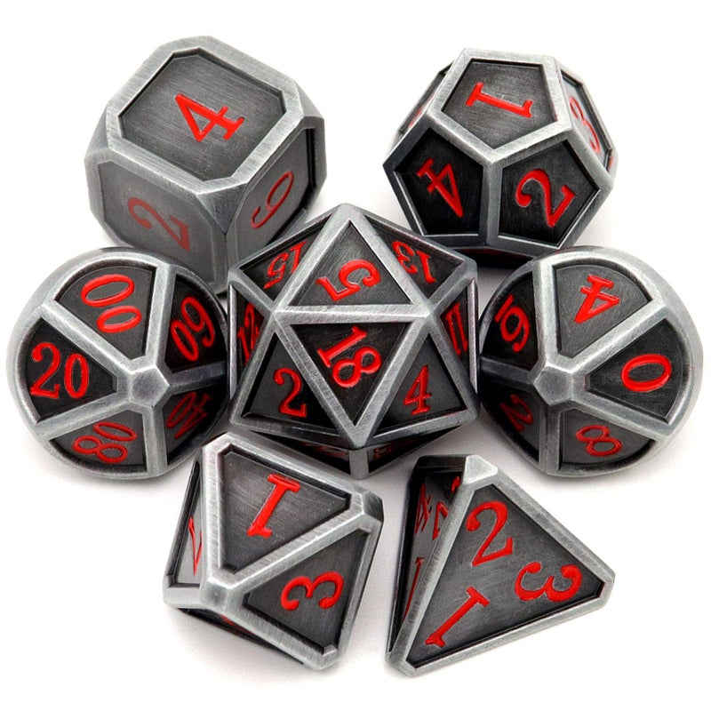 Haxtec Ancient Silver Metal DND Dice Set DD 7PCS Large Rounded Antiue Iron RPG Dice Red Numbers for Dungeons and Dragons TTRPG Game GiftsStandard size - Image 3