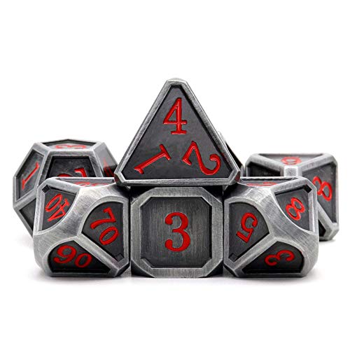 Haxtec Ancient Silver Metal DND Dice Set DD 7PCS Large Rounded Antiue Iron RPG Dice Red Numbers for Dungeons and Dragons TTRPG Game GiftsStandard size - Image 5