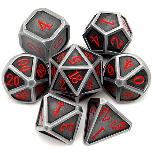 Haxtec Ancient Silver Metal DND Dice Set DD 7PCS Large Rounded Antiue Iron RPG Dice Red Numbers for Dungeons and Dragons TTRPG Game GiftsStandard size - Image 1