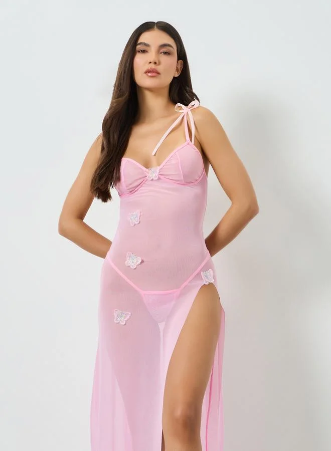 Take Two Pink Mesh Slit Cut Butterfly Detail Cami Dress with Brief Set