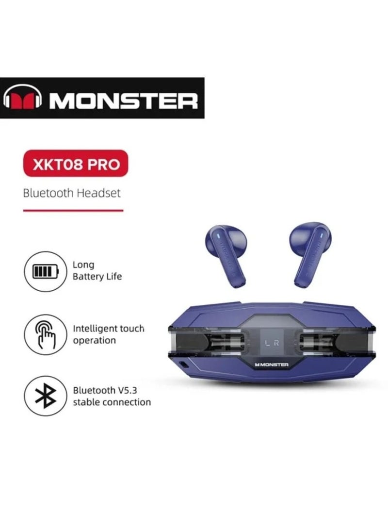 Monster XKT08 Pro Wireless Bluetooth Earbuds Gaming Headphones Deep Bass Low Latency Game Headset with Built-in Microphone Noise Canceling Blue - Image 2