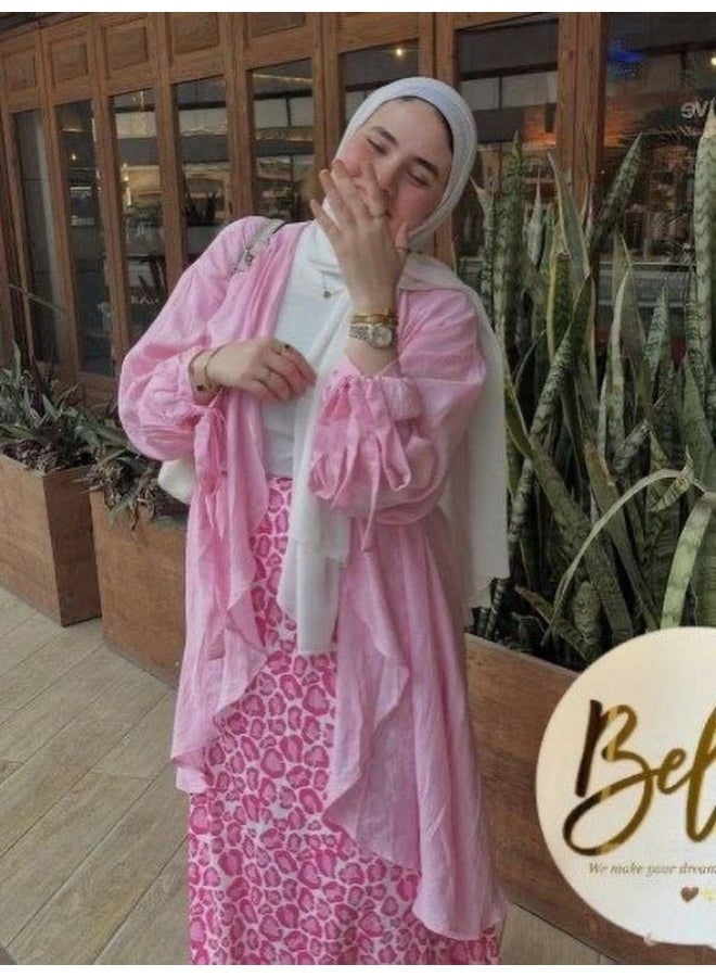 طقم توينز حريمي 3 قطع كاردي كتان مع جيبة فريسكا – بلوزة زجزاج منفصلة – وان سايز حتى 85 كجم - Image 3