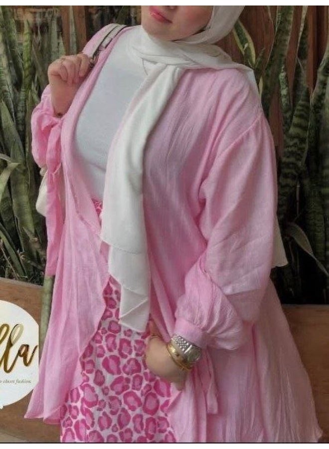 طقم توينز حريمي 3 قطع كاردي كتان مع جيبة فريسكا – بلوزة زجزاج منفصلة – وان سايز حتى 85 كجم - Image 2