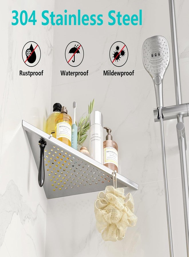 Qeke 10" Bathroom Corner Shelf, 2 Pack Recessed Shower Shelf Caddy, SUS304 Stainless Steel Shelf Wall Mount Triangular, No Drilling Brushed Nickel - Image 2