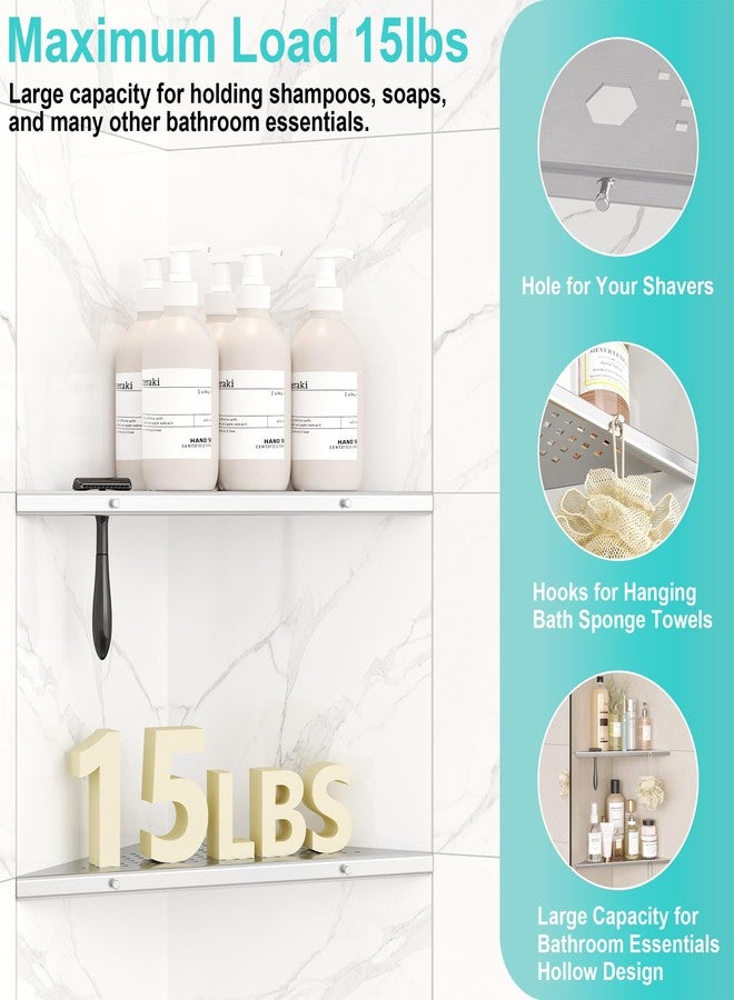 Qeke 10" Bathroom Corner Shelf, 2 Pack Recessed Shower Shelf Caddy, SUS304 Stainless Steel Shelf Wall Mount Triangular, No Drilling Brushed Nickel - Image 5