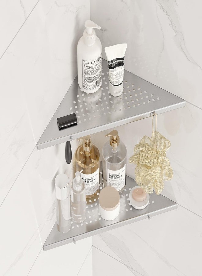Qeke 10" Bathroom Corner Shelf, 2 Pack Recessed Shower Shelf Caddy, SUS304 Stainless Steel Shelf Wall Mount Triangular, No Drilling Brushed Nickel - Image 1