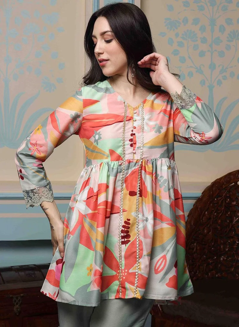 ISHIN Women's Multicolour 100% Cotton Printed A-Line Kurta Set